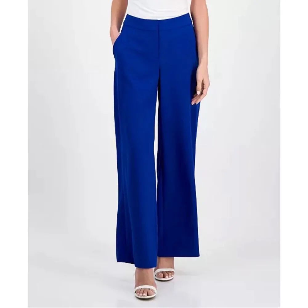 Tahari ASL Mid-Rise Wide-Leg Career Darted Dress Pants Cobalt 12